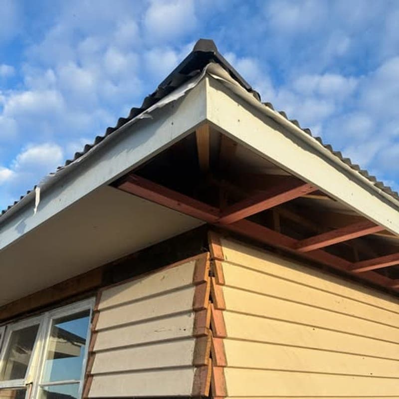Roofline of a house showing new fascia, exposed rafters and weatherboard cladding against a blue sky