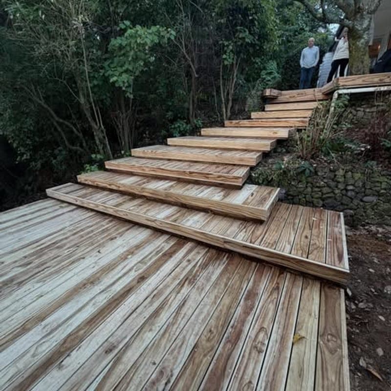 New timber deck and wide timber steps leading up a bush-covered bank
